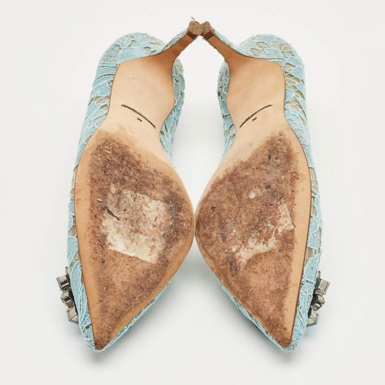 Pre Owned Dolce & Gabbana Blue Lace And Mesh Bellucci Crystal Embellished Pumps Size 39