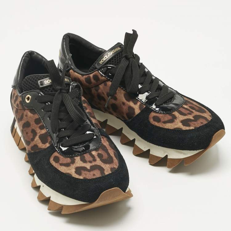 Pre Owned Dolce & Gabbana Multicolor Leopard Print Canvas and Suede Lace Up Sneakers Size 39