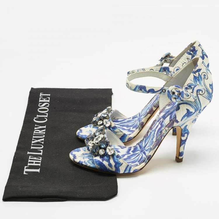 Pre Owned Dolce & Gabbana Blue Brocade Fabric Crystal Embellish Majolica Ankle Strap Sandals Size 36