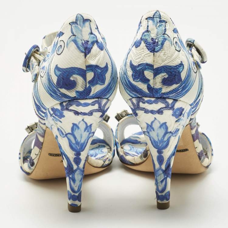 Pre Owned Dolce & Gabbana Blue Brocade Fabric Crystal Embellish Majolica Ankle Strap Sandals Size 36