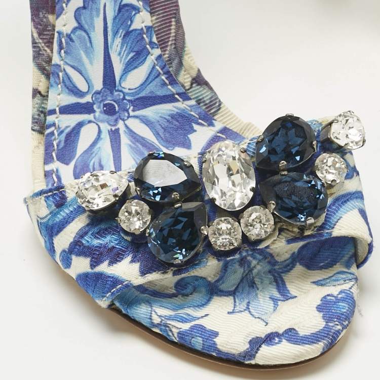 Pre Owned Dolce & Gabbana Blue Brocade Fabric Crystal Embellish Majolica Ankle Strap Sandals Size 36