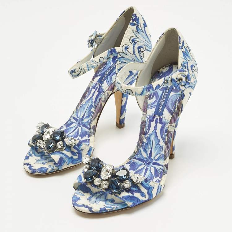 Pre Owned Dolce & Gabbana Blue Brocade Fabric Crystal Embellish Majolica Ankle Strap Sandals Size 36