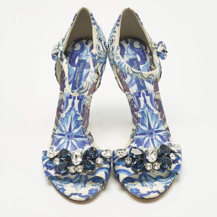 Pre Owned Dolce & Gabbana Blue Brocade Fabric Crystal Embellish Majolica Ankle Strap Sandals Size 36