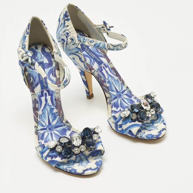 Pre Owned Dolce & Gabbana Blue Brocade Fabric Crystal Embellish Majolica Ankle Strap Sandals Size 36