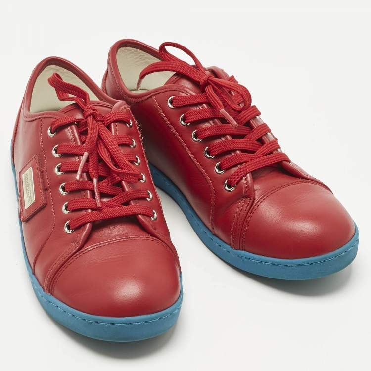 Pre Owned Dolce & Gabbana Red Leather Lace Up Sneakers Size 34