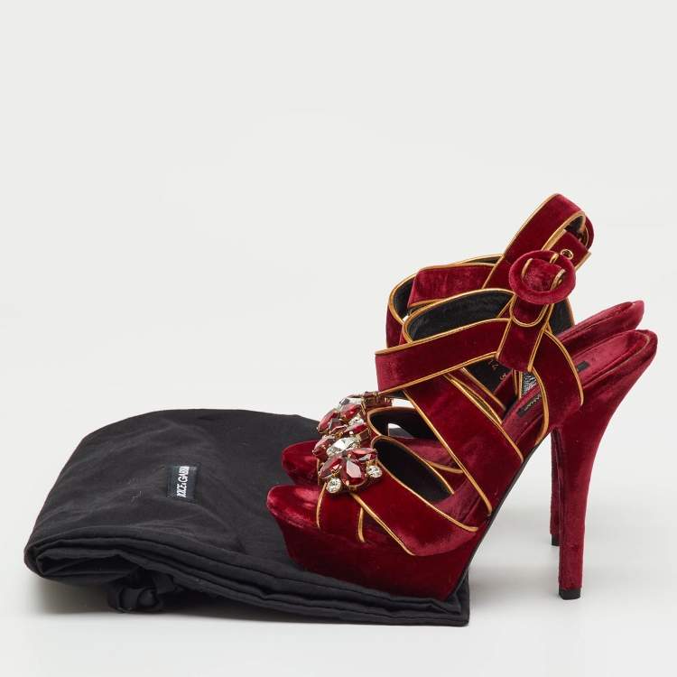 Pre Owned Dolce & Gabbana Red Velvet and Leather Crystal Embellished Platform Sandals Size 36