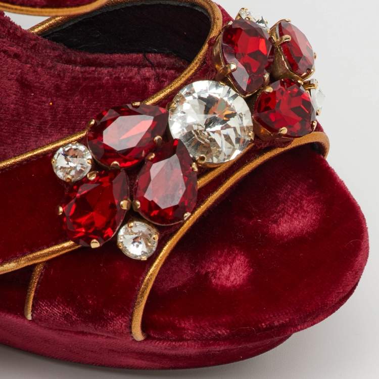 Pre Owned Dolce & Gabbana Red Velvet and Leather Crystal Embellished Platform Sandals Size 36