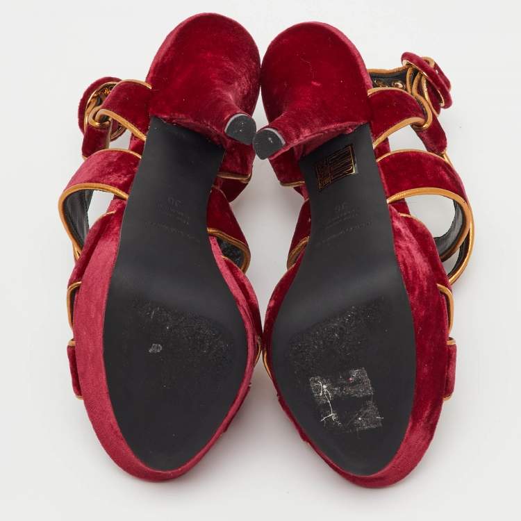 Pre Owned Dolce & Gabbana Red Velvet and Leather Crystal Embellished Platform Sandals Size 36