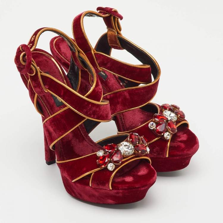 Pre Owned Dolce & Gabbana Red Velvet and Leather Crystal Embellished Platform Sandals Size 36