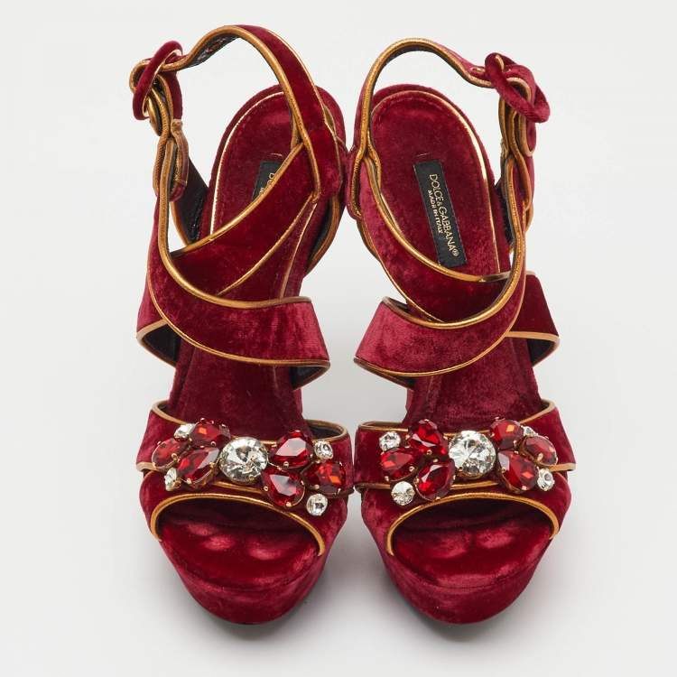 Pre Owned Dolce & Gabbana Red Velvet and Leather Crystal Embellished Platform Sandals Size 36