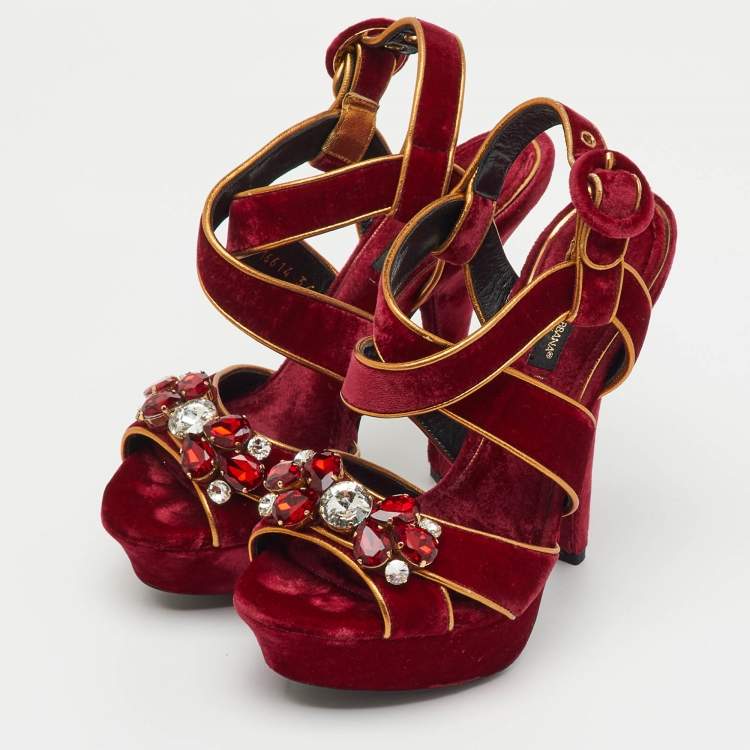 Pre Owned Dolce & Gabbana Red Velvet and Leather Crystal Embellished Platform Sandals Size 36