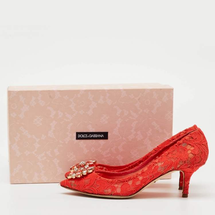 Pre Owned Dolce & Gabbana Orange Lace Crystal Embellished Bellucci Pumps Size 37.5