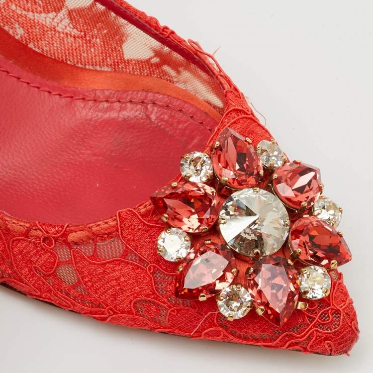 Pre Owned Dolce & Gabbana Orange Lace Crystal Embellished Bellucci Pumps Size 37.5