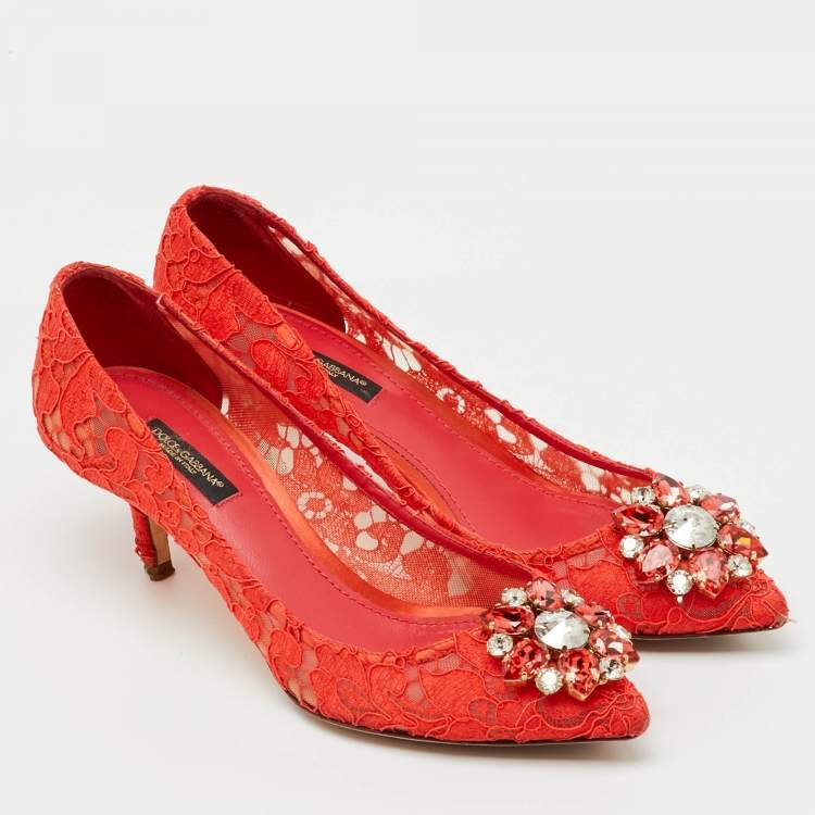Pre Owned Dolce & Gabbana Orange Lace Crystal Embellished Bellucci Pumps Size 37.5
