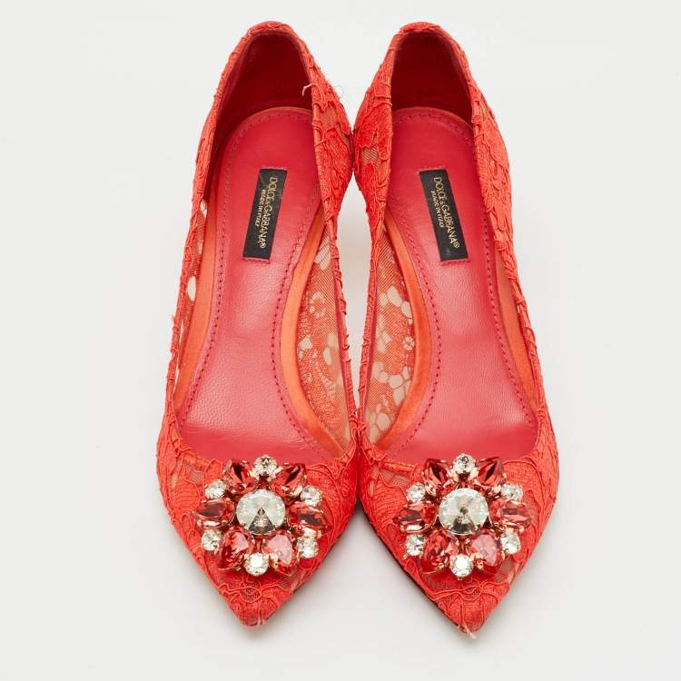 Pre Owned Dolce & Gabbana Orange Lace Crystal Embellished Bellucci Pumps Size 37.5