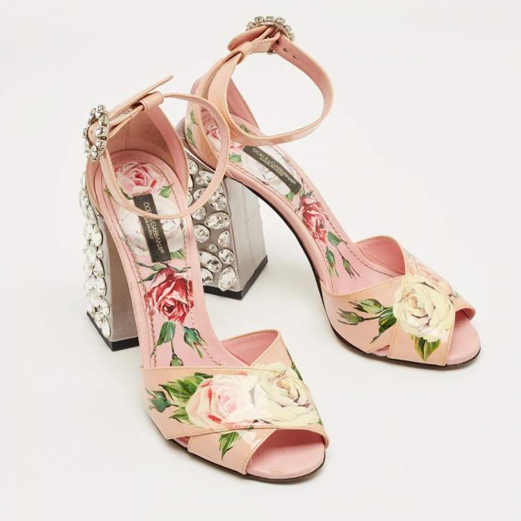 Pre Owned Dolce & Gabbana Pink Flower Print Patent Leather Crystal Embellished Ankle Strap Sandals Size 37