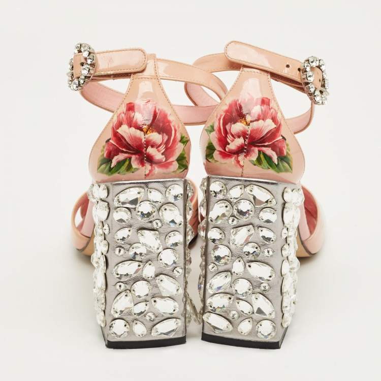 Pre Owned Dolce & Gabbana Pink Flower Print Patent Leather Crystal Embellished Ankle Strap Sandals Size 37