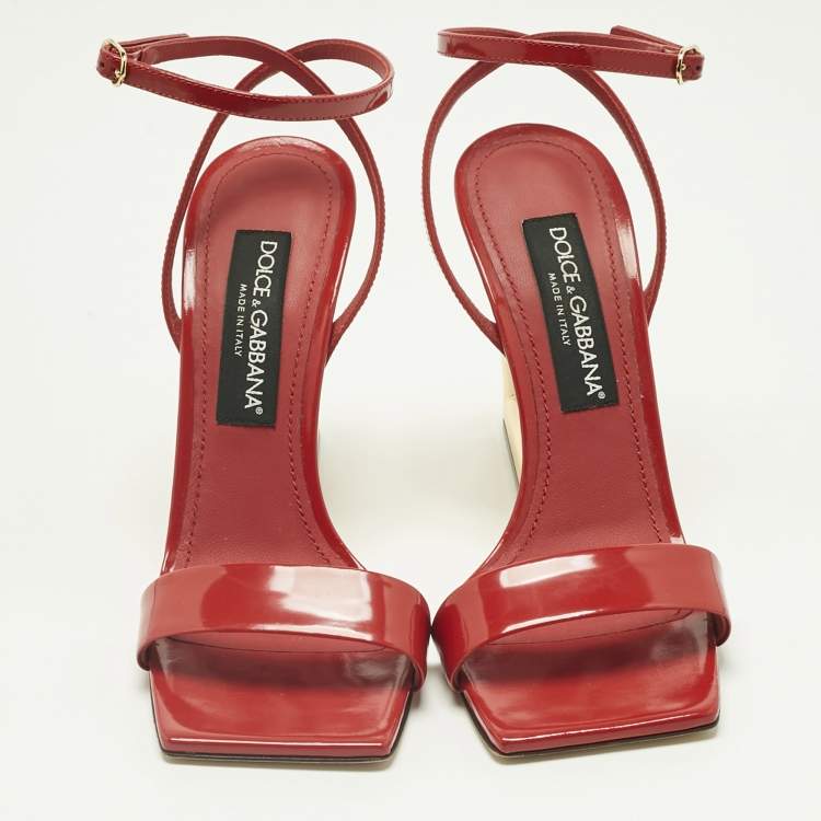 مملوكة مسبقًا Dolce & Gabbana Red Patent Leather DG Daily Ankle Strap Sandals Size 39