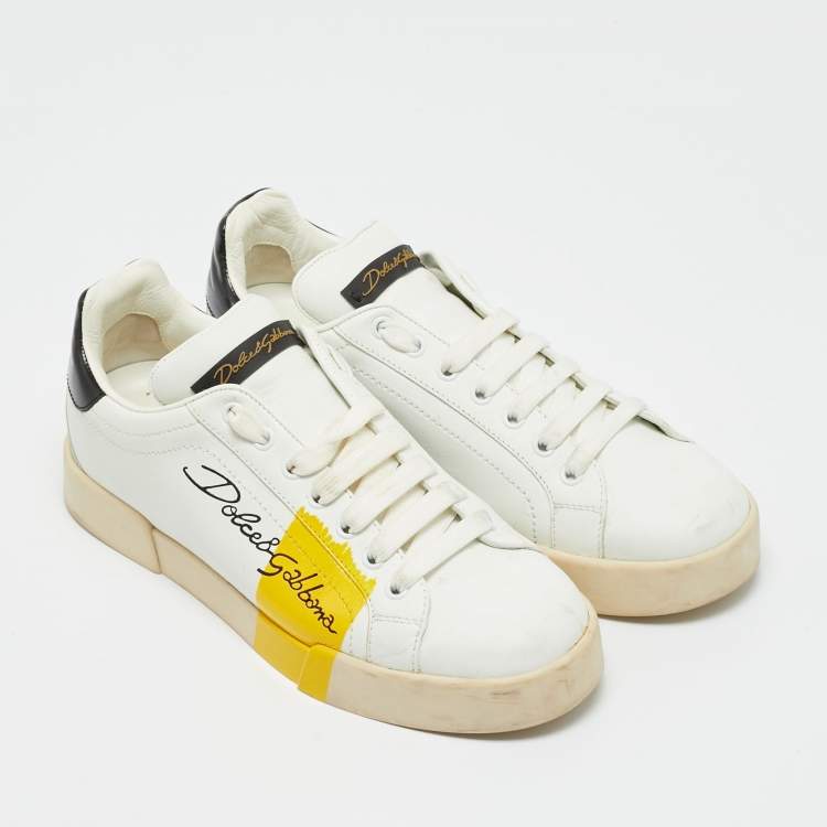 Pre Owned Dolce & Gabbana White/Black Leather Portofino Low Top Sneakers Size 39