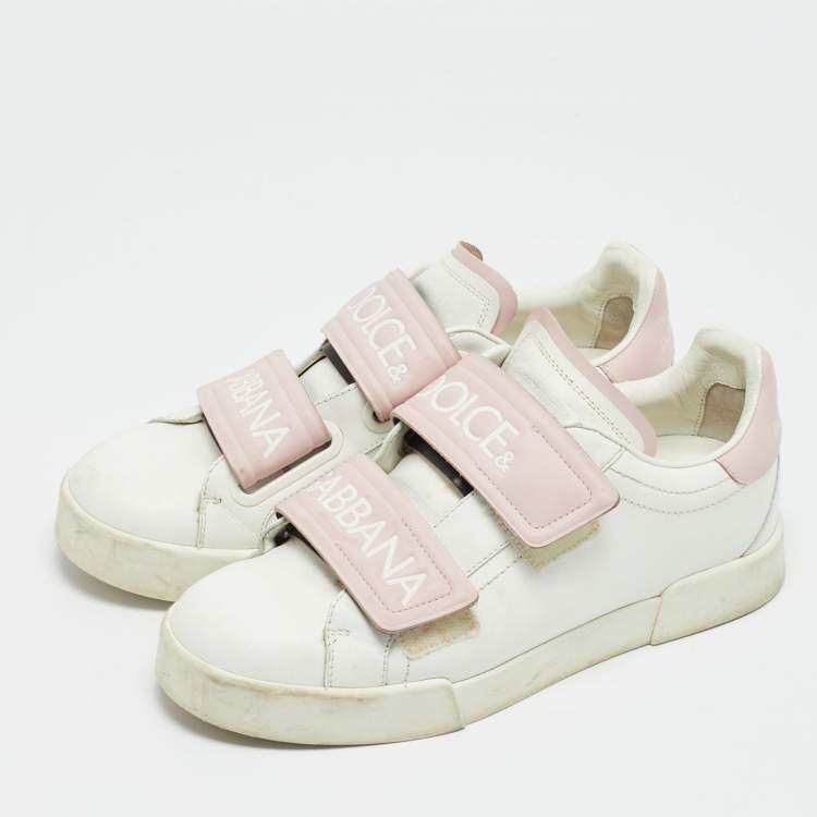 Pre Owned Dolce & Gabbana White/Pink Leather Velcro Low Top Sneakers Size 39.5