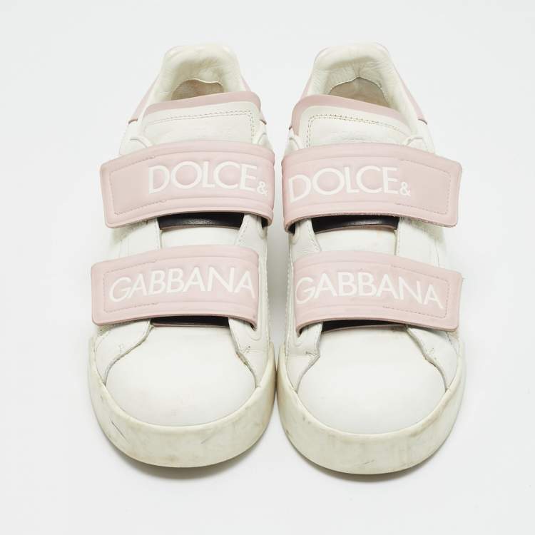 Pre Owned Dolce & Gabbana White/Pink Leather Velcro Low Top Sneakers Size 39.5