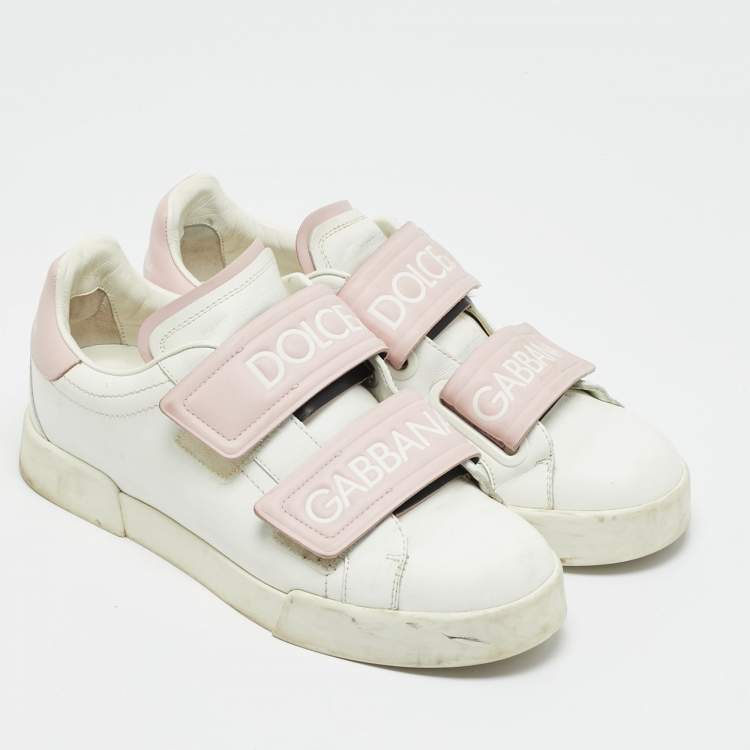 Pre Owned Dolce & Gabbana White/Pink Leather Velcro Low Top Sneakers Size 39.5