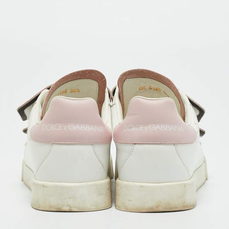 Pre Owned Dolce & Gabbana White/Pink Leather Velcro Low Top Sneakers Size 39.5