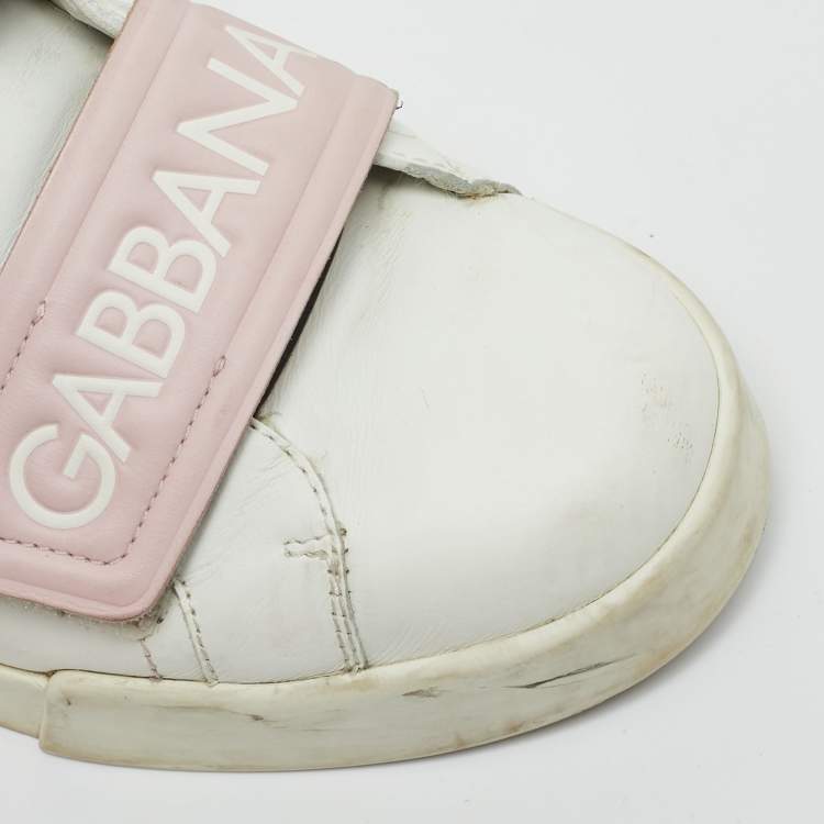 Pre Owned Dolce & Gabbana White/Pink Leather Velcro Low Top Sneakers Size 39.5