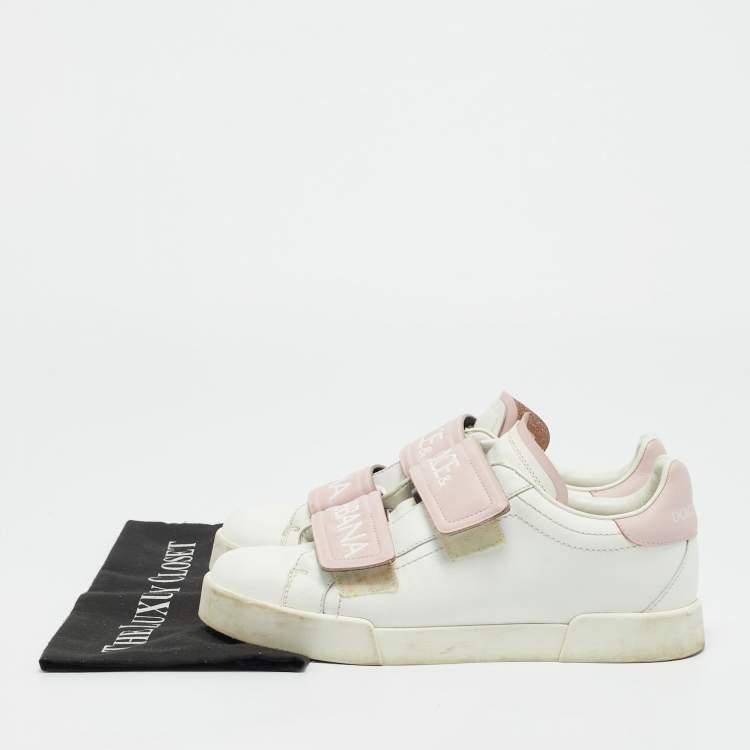 Pre Owned Dolce & Gabbana White/Pink Leather Velcro Low Top Sneakers Size 39.5