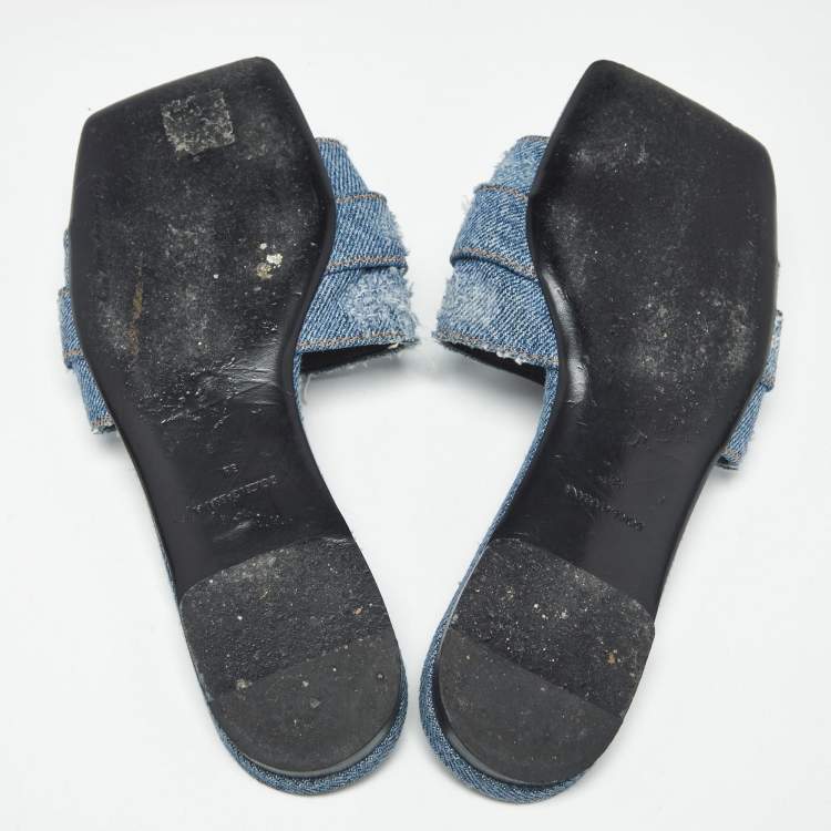Pre Owned Dolce & Gabbana Blue Denim Crystal Embellished Buckle Flat Slides Size 38