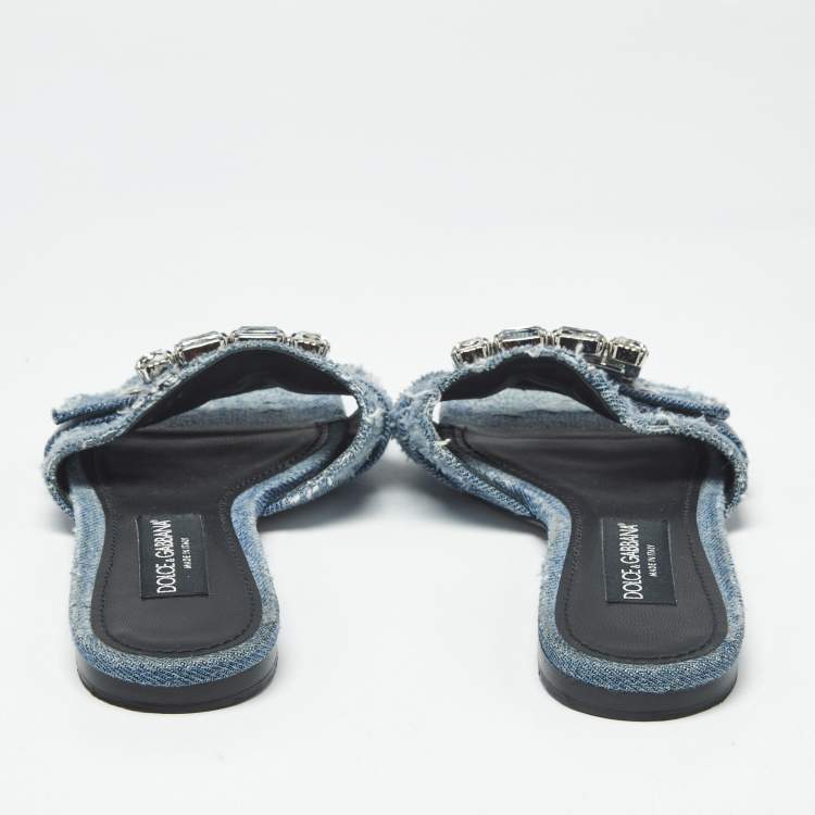 Pre Owned Dolce & Gabbana Blue Denim Crystal Embellished Buckle Flat Slides Size 38