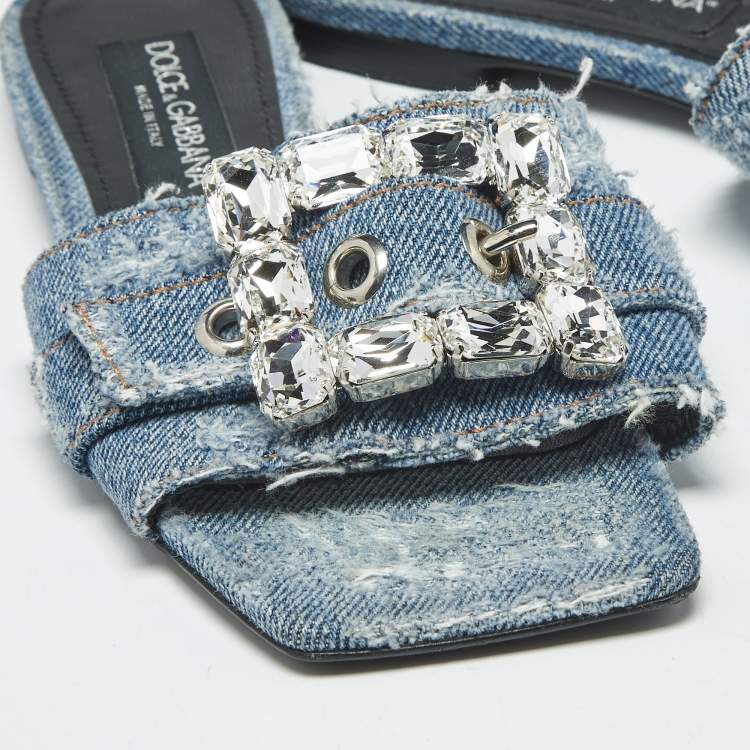 Pre Owned Dolce & Gabbana Blue Denim Crystal Embellished Buckle Flat Slides Size 38
