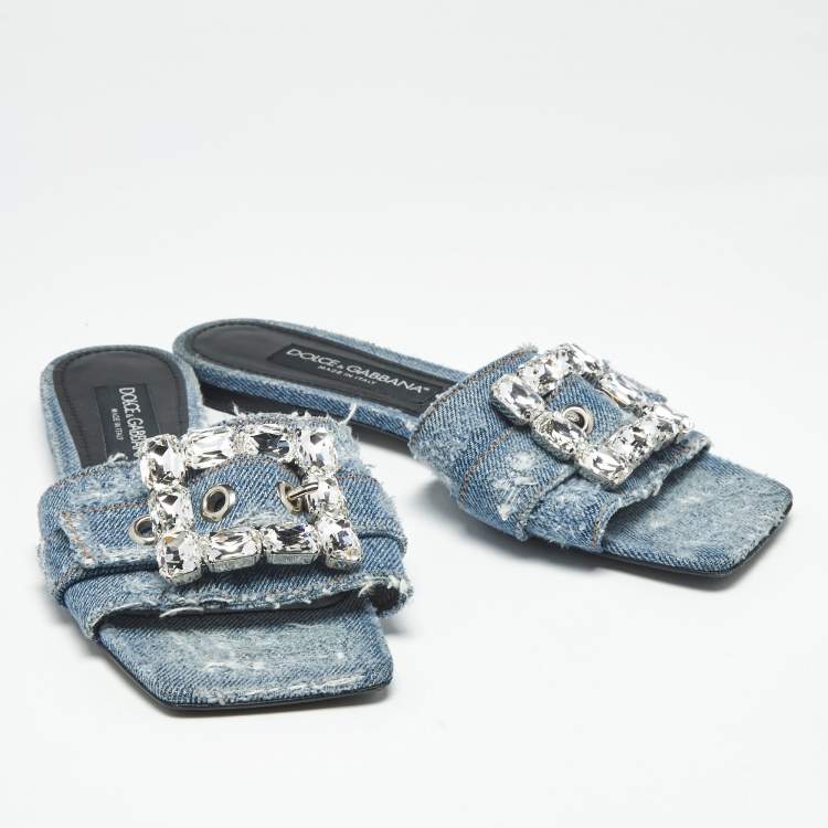 Pre Owned Dolce & Gabbana Blue Denim Crystal Embellished Buckle Flat Slides Size 38