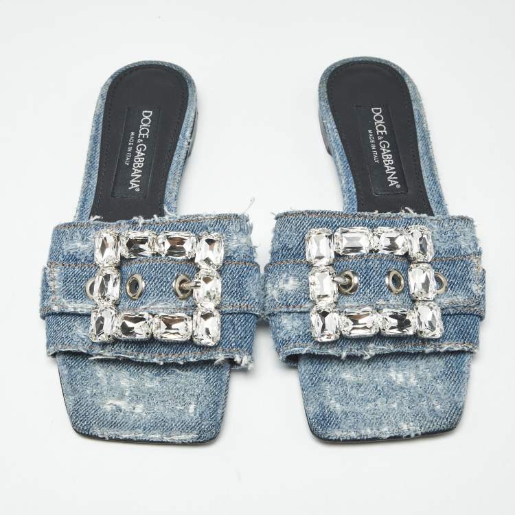 Pre Owned Dolce & Gabbana Blue Denim Crystal Embellished Buckle Flat Slides Size 38
