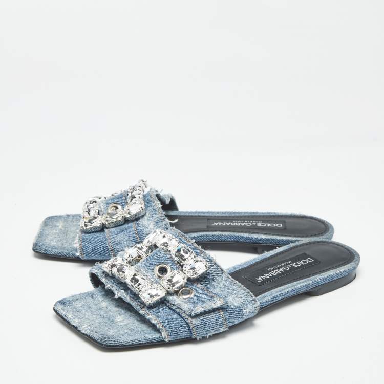 Pre Owned Dolce & Gabbana Blue Denim Crystal Embellished Buckle Flat Slides Size 38