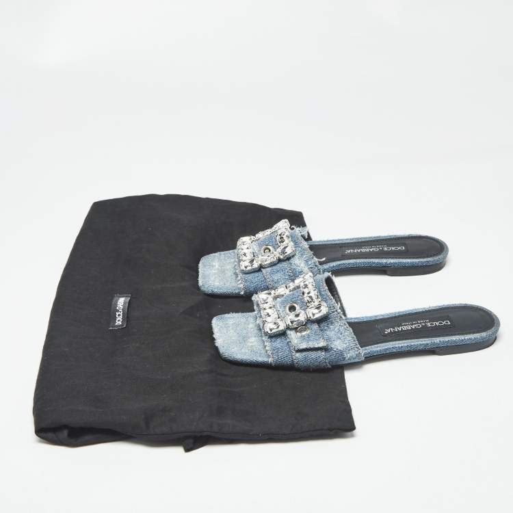 Pre Owned Dolce & Gabbana Blue Denim Crystal Embellished Buckle Flat Slides Size 38
