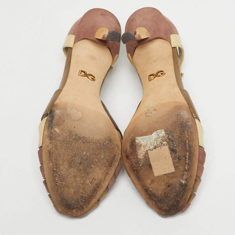 Pre Owned Dolce & Gabbana Tricolor Leather and Suede T-Strap Sandals Size 36