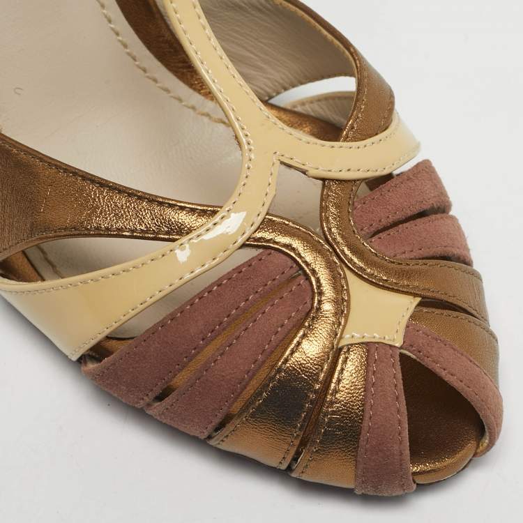 Pre Owned Dolce & Gabbana Tricolor Leather and Suede T-Strap Sandals Size 36