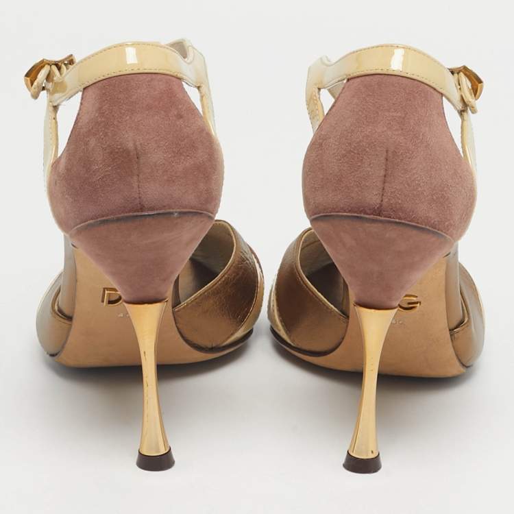 Pre Owned Dolce & Gabbana Tricolor Leather and Suede T-Strap Sandals Size 36