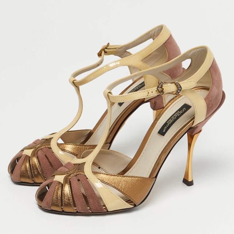 Pre Owned Dolce & Gabbana Tricolor Leather and Suede T-Strap Sandals Size 36