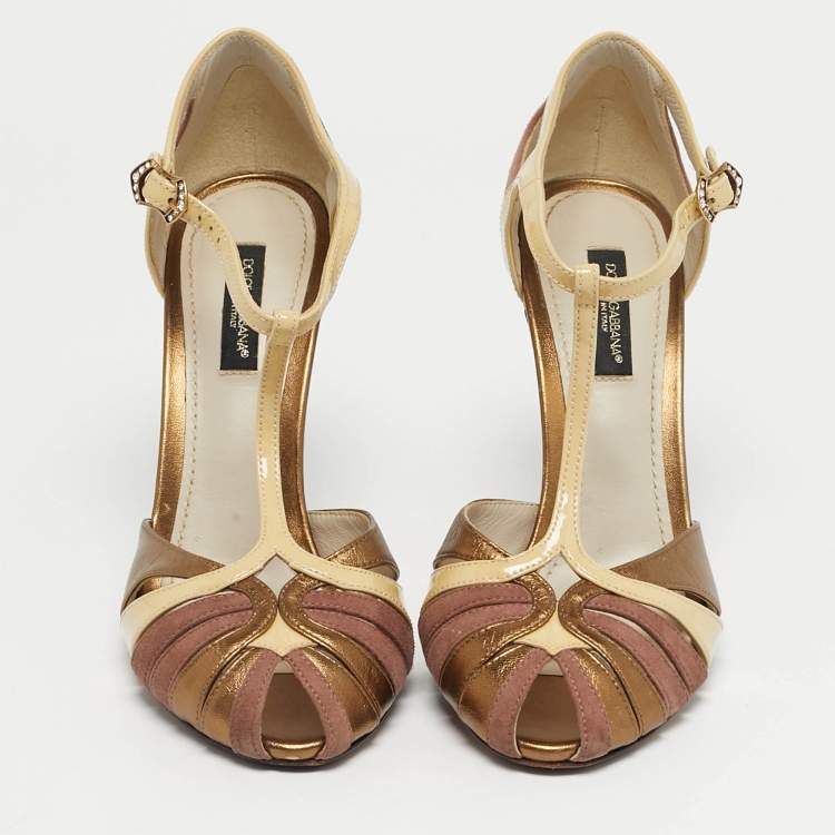 Pre Owned Dolce & Gabbana Tricolor Leather and Suede T-Strap Sandals Size 36