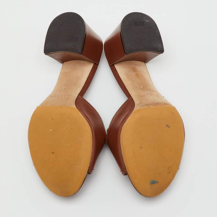 Pre Owned Dolce & Gabbana Brown Leather DG Amore Block Heel Slide Sandals Size 38