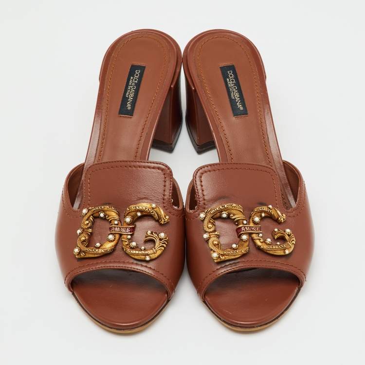 Pre Owned Dolce & Gabbana Brown Leather DG Amore Block Heel Slide Sandals Size 38