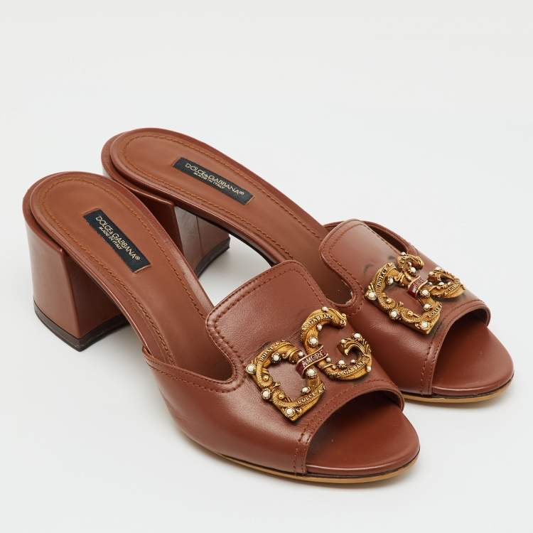 Pre Owned Dolce & Gabbana Brown Leather DG Amore Block Heel Slide Sandals Size 38