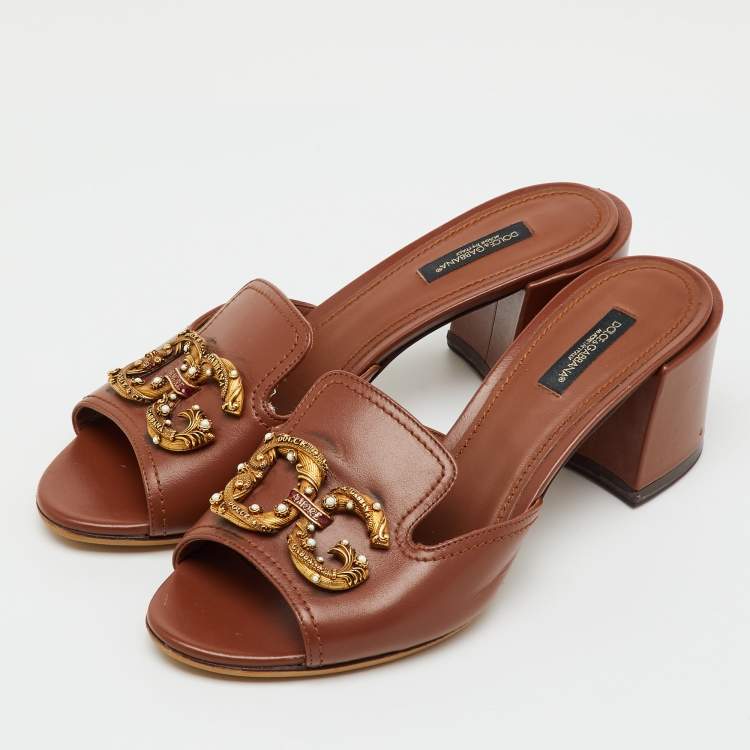 Pre Owned Dolce & Gabbana Brown Leather DG Amore Block Heel Slide Sandals Size 38