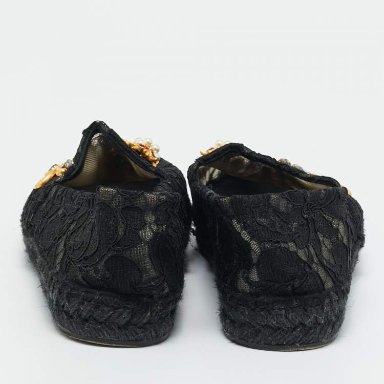 Pre Owned Dolce & Gabbana Black Lace And Mesh Crystal Embellished Espadrille Flats Size 36