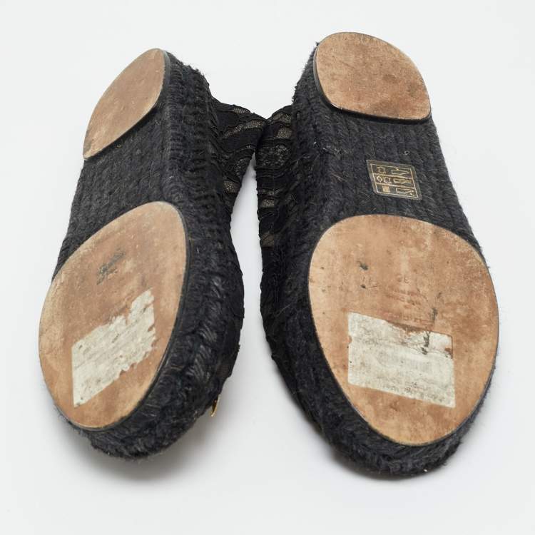 Pre Owned Dolce & Gabbana Black Lace And Mesh Crystal Embellished Espadrille Flats Size 36