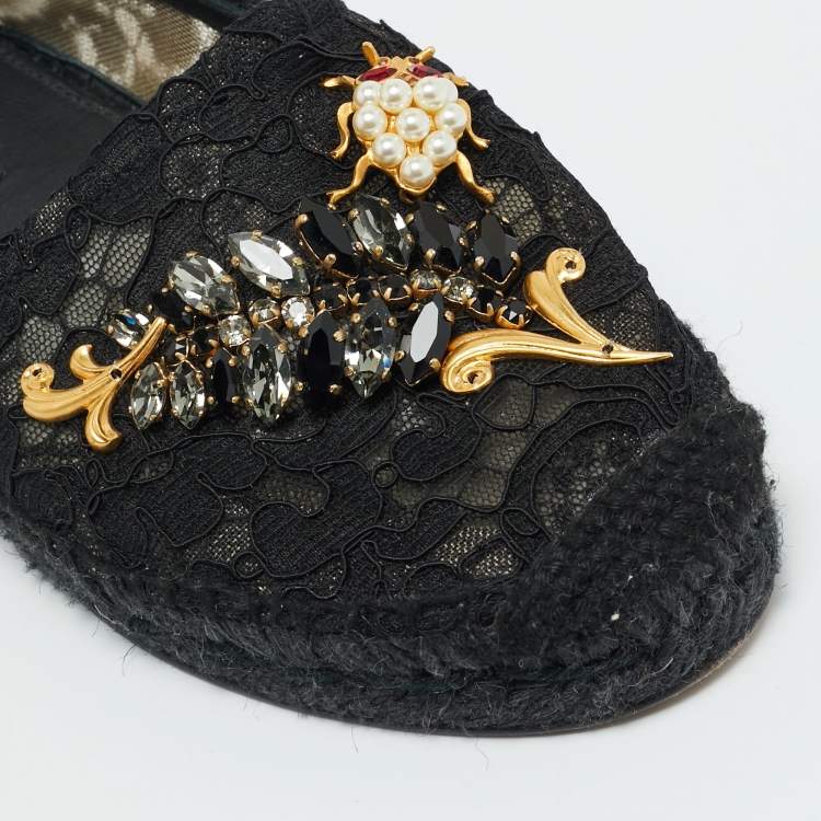 Pre Owned Dolce & Gabbana Black Lace And Mesh Crystal Embellished Espadrille Flats Size 36