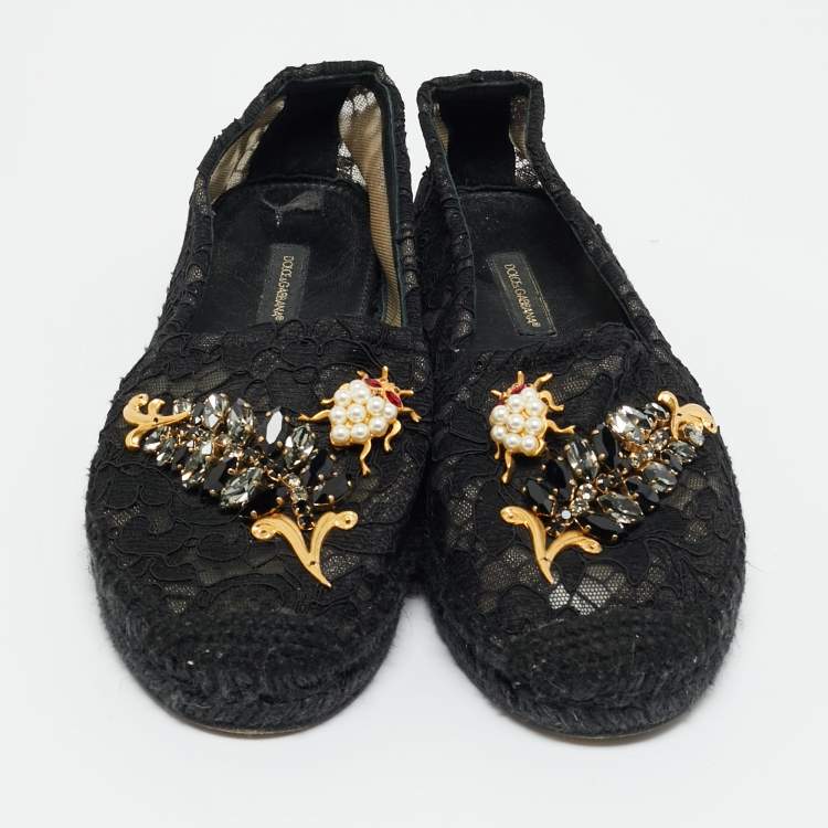 Pre Owned Dolce & Gabbana Black Lace And Mesh Crystal Embellished Espadrille Flats Size 36