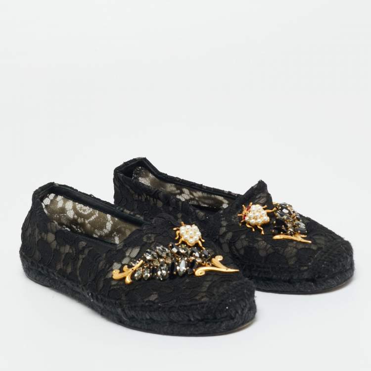 Pre Owned Dolce & Gabbana Black Lace And Mesh Crystal Embellished Espadrille Flats Size 36